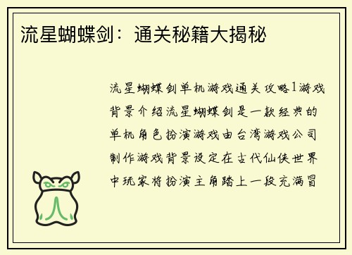 流星蝴蝶剑：通关秘籍大揭秘